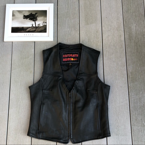 ULTIMATE RIDER Black Leather Biker Vest, Size XL - Picture 2 of 10